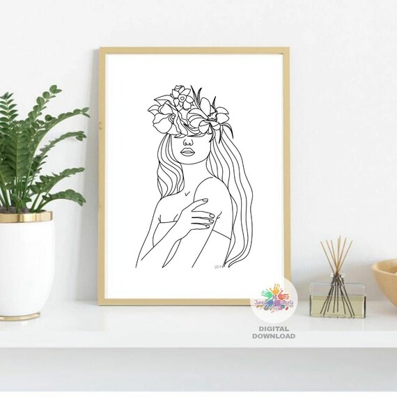 Woman Head of Flowers Floral Woman Line Art Female Line Art Etsy
