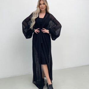 Extra Long Knit Cardigan Kimono Maxi  Puff Sleeves Black Mohair Merino Wool open front  cardigan USA Final Price – PDD Shipping Included