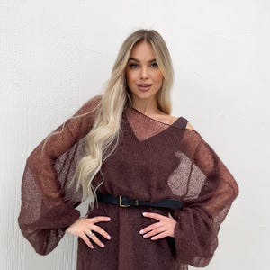 Puff sleeve jumper brown sweater, oversized knitted tunic for cozy fall fashion, autumn wardrobe gift. Mohair Pullover Transparent Sweater