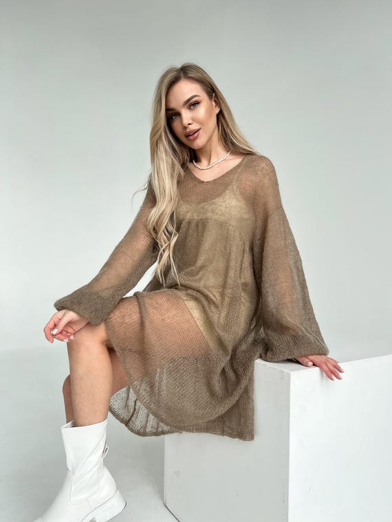 Hand-Knit Mohair Bishop Sleeve Dress: Sheer Beige Fall Fashion DDP Shipping USA - Final Price