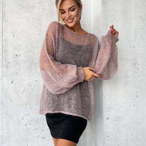 Bishop Sleeve Sweater powder pink Mohair Jumper, Lightweight Sheer Fuzzy Pullover, Stylish Womens Clothing. Voluminous sleeve sweater