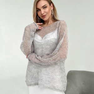 Alpaca Mohair Pullover – Lightweight Grey Sweater with Sheer Knit Texture