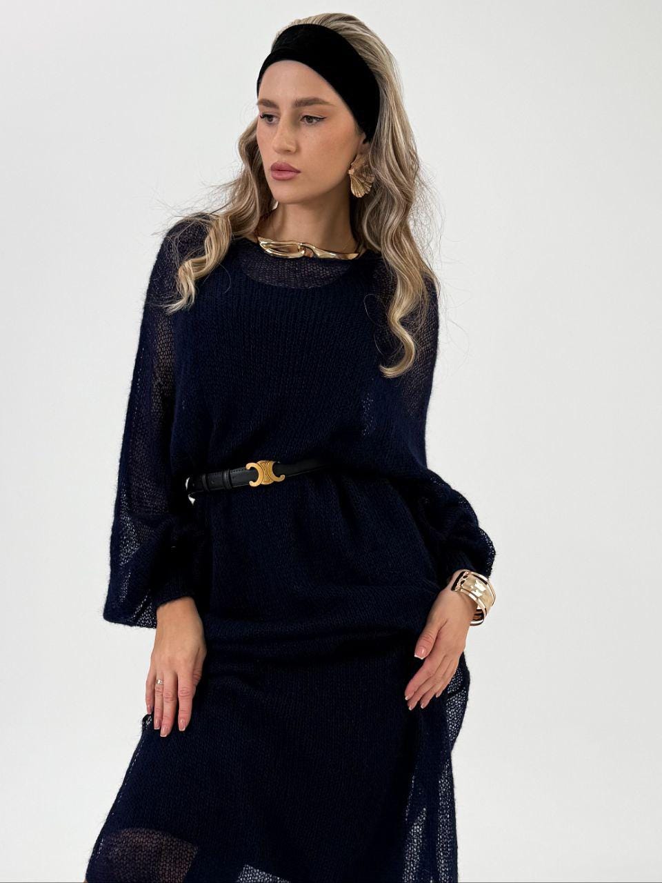 Autumn navy blue knit dress, plus size sweater dress with puff sleeves DDP Shipping USA - Final Price