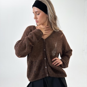 Brown Alpaca Holey Cardigan Lightweight Cropped Knitwear DDP Shipping USA – Final Price