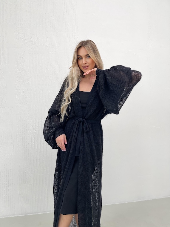 black maxi dress with cardigan Ashirexll Long Sleeve Maxi Dress, Plus Size V-Neck Shirt Dress Solid Color Cotton Hemp Casual Cardigan Dress Black 4XL, Women's