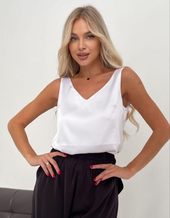 Viscose Satin Tank Top: Elegant V-neck Sleeveless Blouse, Plus