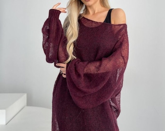 Burgundy Mohair Knit Sweater Dress: Plus Size Off-Shoulder Boat Neck