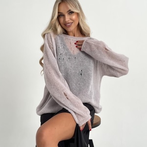 Hand Knit Distressed Alpaca Sweater: Lightweight Cozy Wool Jumper