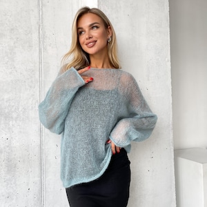 Ocean blue sheer mohair sweater, fuzzy sweater, See through pullover. Mohair Jumper, a beautifully knit transparent sweater