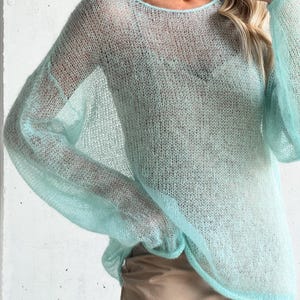 Aqua chunky oversized sweater, slouchy light mohair hand knit sweater for women, plus size wool sweater, stylish cozy womens gift