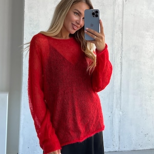 Oversized Red Sweater Women’s Slouchy Mohair hand knit sweater for women, plus size wool sweater, stylish photoshoot sweater