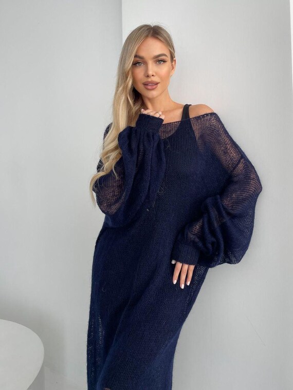 Blue Oversized Off-Shoulder Sweater Dress - Long Knit Wool Dress with Puff Sleeves