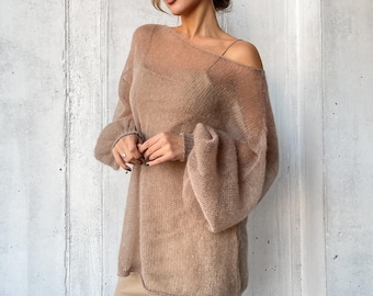 Beige mohair oversized sweater, off shoulder puff sleeves, natural elegant women's chunky knit pullover, casual luxury blouse