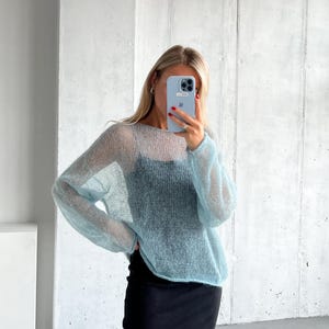 Sheer sweater womens wool hand knit oversized jumper, dusty teal blue fall sweater for evening wear, stylish gift for her