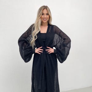 Knitted Long Cardigan Womens Black Wool with Puff Sleeves Stylish Open Front longline cardigan mohair DDP Shipping USA – Final Price