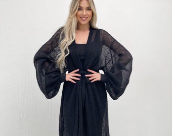 Cardigan en mohair tricoté à la main - Maxi cache-poussière noir ouvert