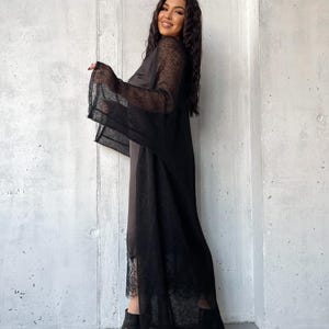 Extra Long Cardigan Hand Knit Kimono Cardigan, Black Wide Sleeve Mohair Cardigan for Stylish Comfort, Ideal Gift for Women