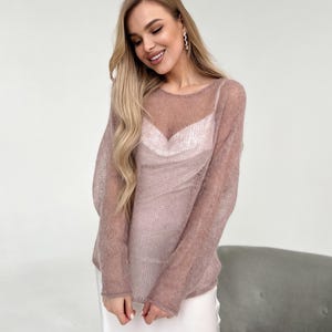 Loose Knit Blush beige Sweater – Handmade transparent ash rose mohair sweater with a flowing silhouette. For romantic outfits.