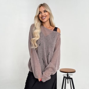 Taupe Alpaca Sweater: Lightweight Distressed Knit Pullover