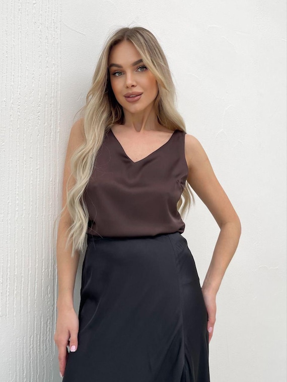 Chocolate Brown Silk Tank Top: Elegant V-neck Sleeveless Blouse