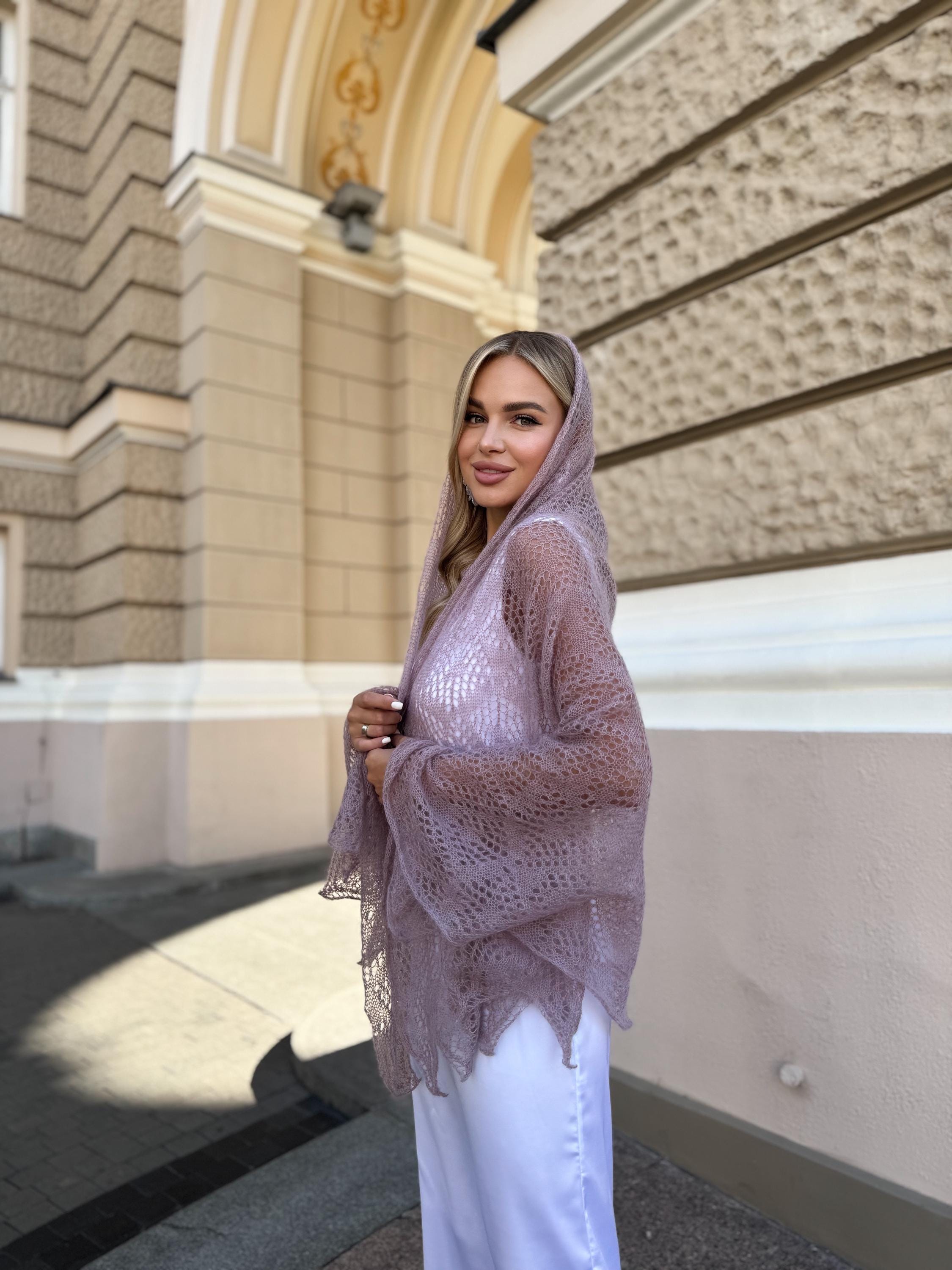 Hand Knit Mohair Lace Shawl: Elegant Beige Evening Wrap - Etsy