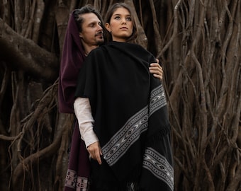 Handwoven Shawl | Black | Merino Wool | Ethnic shawl | Unique Shawl | Original shawl | Beautiful Shawl | Ethically made | Maxi Winter Shawl