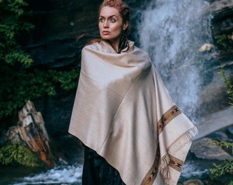 Handwoven Merino Wool Shawl, Himalayan Tribal Design