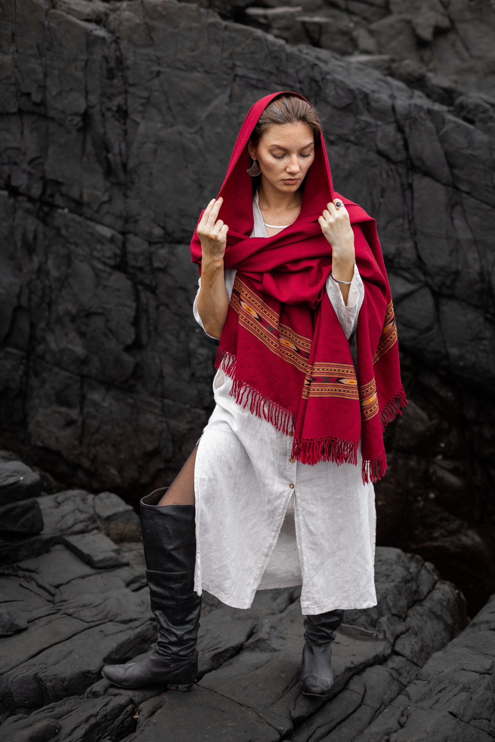 Red - Kutch Bhujodi Handwoven Merino Wool Shawl 15