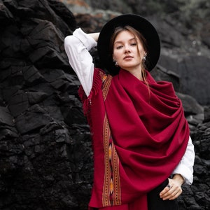 Handwoven Red Merino Wool Shawl – Kullu Valley Ethnic Design