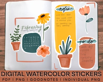 Digital Watercolor Flowers Stickers | Bullet Journal | Planner | GoodNotes | Printable | PDF | Individual Stickers | Sticker Sheet