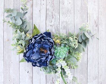 Moderne toute l’année bleu et vert succulents couronne porte d’entrée, douche nuptiale, décoration de pépinière couronne de mariage moderne, couronne d’été simple