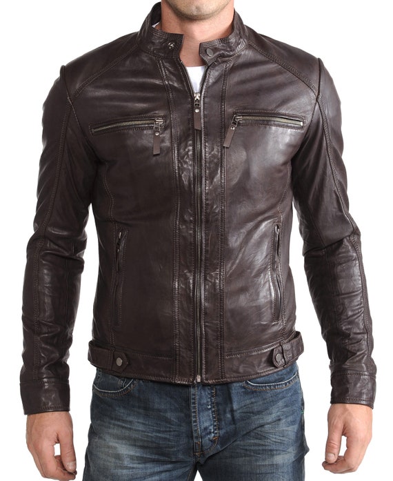 Men's Leather Jacket Stylish Handmade Motorcycle Bomber Biker Genuine Lambskin Leather Jacket for men Brown