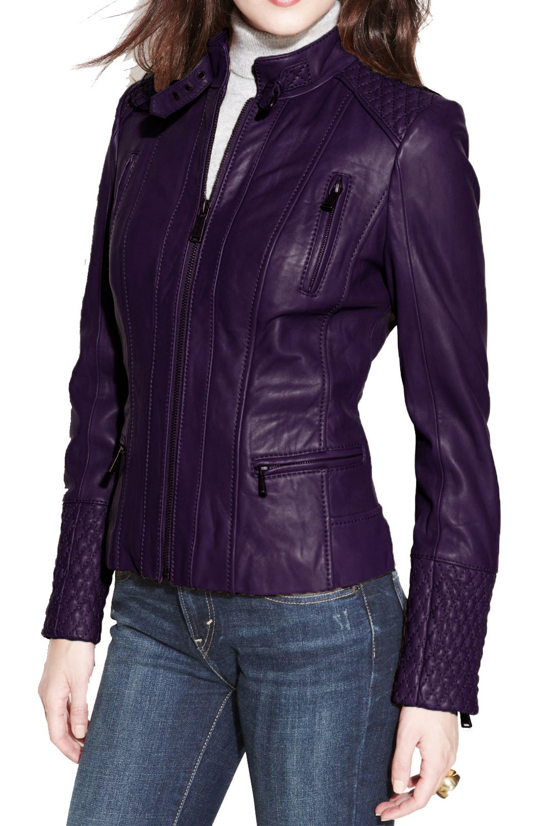 New Women's Lambskin Leather Jacket Stylish Slim Fit Motorcycle Purple ...