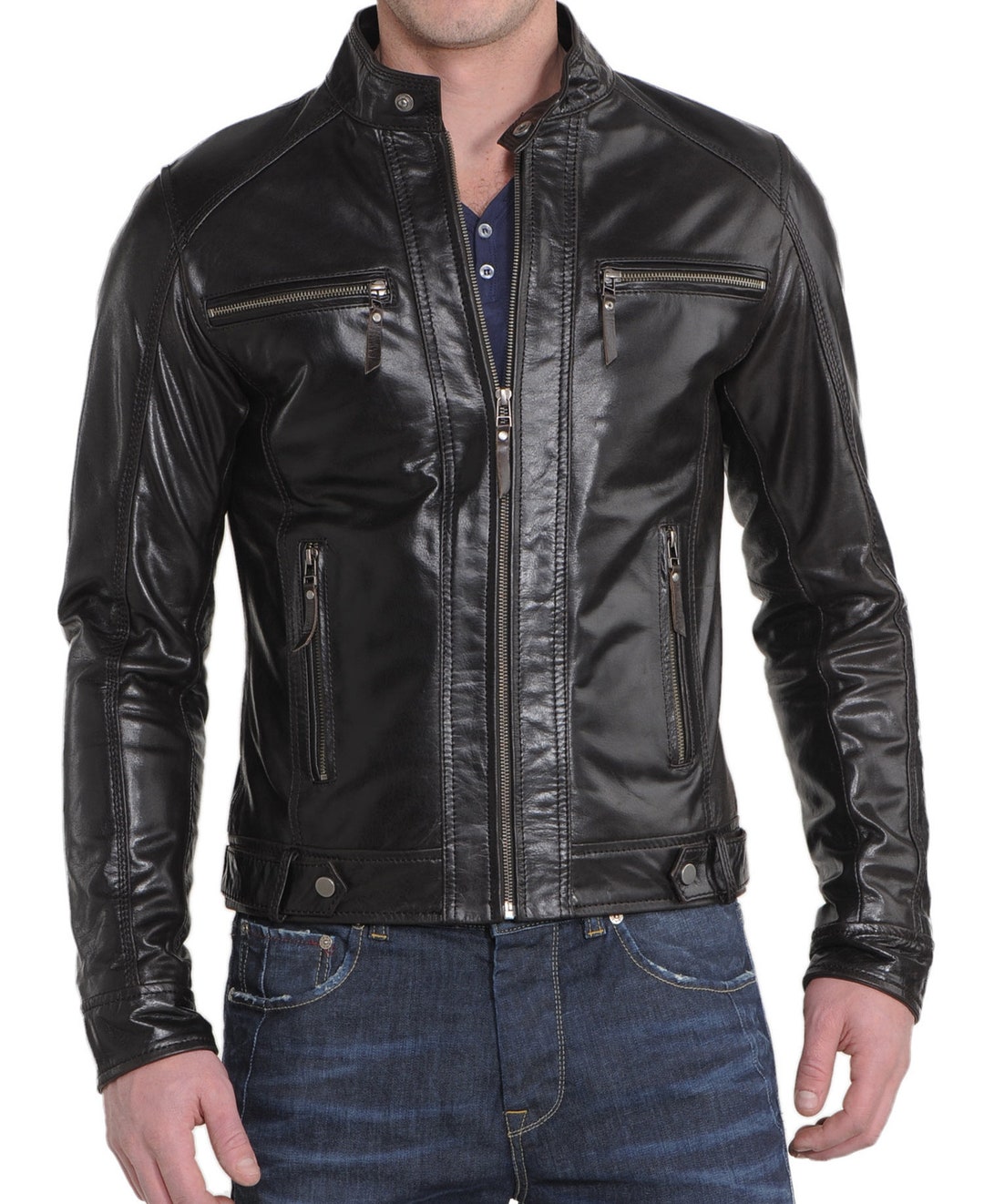 Men's Leather Jacket Stylish Handmade Motorcycle Bomber Biker Genuine ...