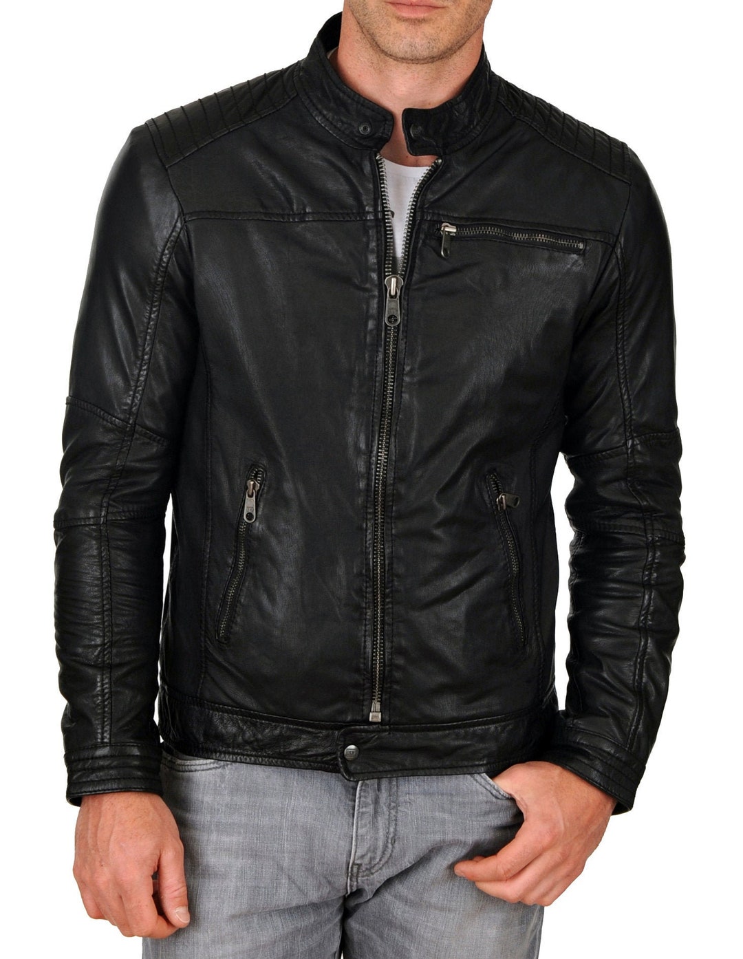 Men's Leather Jacket Stylish Handmade Motorcycle Bomber Biker Genuine ...