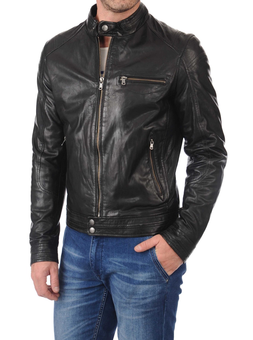 Men's Leather Jacket Stylish Handmade Motorcycle Bomber Biker Genuine ...