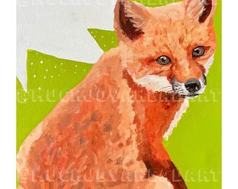 Puede incluir: Pintura vibrante de un zorro con pelaje naranja, sobre un fondo verde brillante. El zorro tiene pelaje detallado y ojos azules. El fondo incluye una forma de árbol blanca y verde. El nombre del artista es visible.
