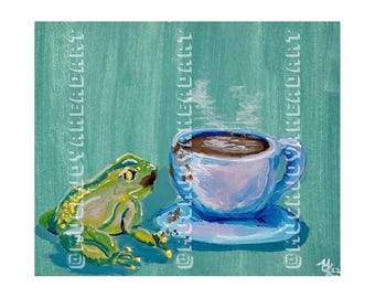 Frog Sipping Coffee Original Art Print 8x10