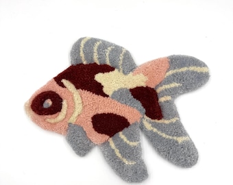 Tufted Fish Wall Hanging Decor Grey, Red, and Peach Goldfish