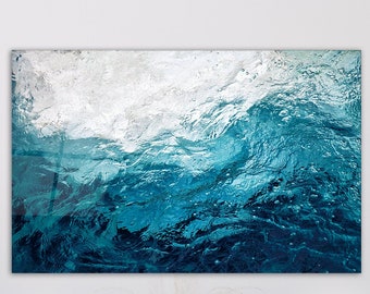 Ocean Wave Glass Wall Art, Coastal Water Decor, Modern Sea Wave Artwork, Tranquil Blue Wall Accent, Beach House Wall Panel