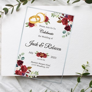 Invito di nozze, invito acrilico bordeaux, biglietti trasparenti floreali da sposa di lusso con anelli dorati, invito di nozze burdeos