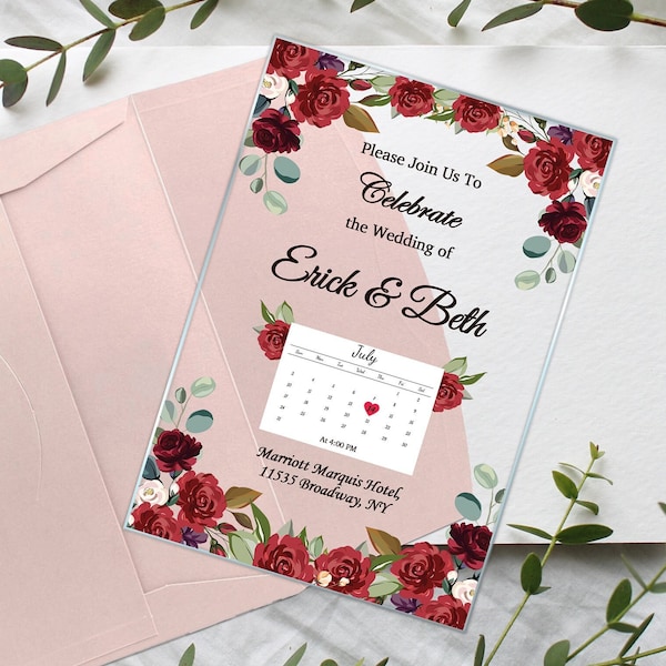 Wedding Invitation, Burgundy Acrylic Invitation with Calendar, Luxury Bridal Floral Clear Cards