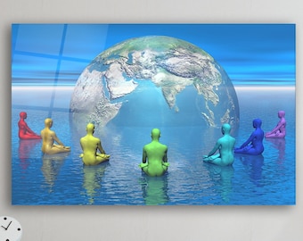 Chakramuur hangend op gehard glas, chakra-tijdperk meditatie kunst aan de muur, yoga en meditatie ontwerpidee, chakra kunst aan de muur, housewarming cadeau