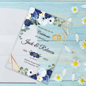 Blue Wedding Invitation, Acrylic Invitation for Engagement, Luxury Floral Clear Cards with Golden Rings and Blue Flowers