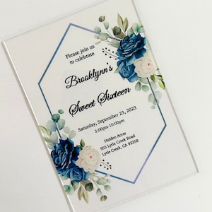 Blue Wedding Invitation, Quinceanera Invitation on Acrylic Glass, Floral Invitations for Sweet Sixteen, Birthday, Baby Shower, Gala
