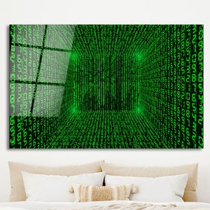 May include: A digital art print featuring a green matrix code pattern. The code appears to form a cube or room with a black background. The print is displayed on a wall above a bed with white bedding.