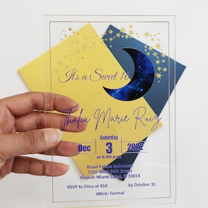 Sweet Sixteen-uitnodigingen, uitnodigingen voor quinceanera, nachtelijke hemel thema acrylglas uitnodigingen met maan en sterren voor bruiloft en verjaardag