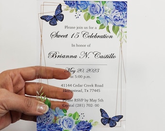 Invitación de quinceañera, Invitación 15 años Azul, Invitación de flores azul bebé con mariposas, Invitaciones acrílicas para dulces dieciséis