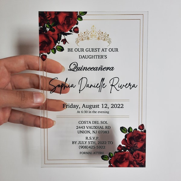 Quinceanera Invitation Red Rose, Wedding Invitations, Acrylic Invitations for Birthday, Sweet Sixteen Clear Cards, Red Rose Invitations