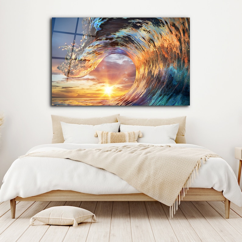 Glass Wall Art Ocean Wave Glass Wall Art Large Sunset Modern Etsy